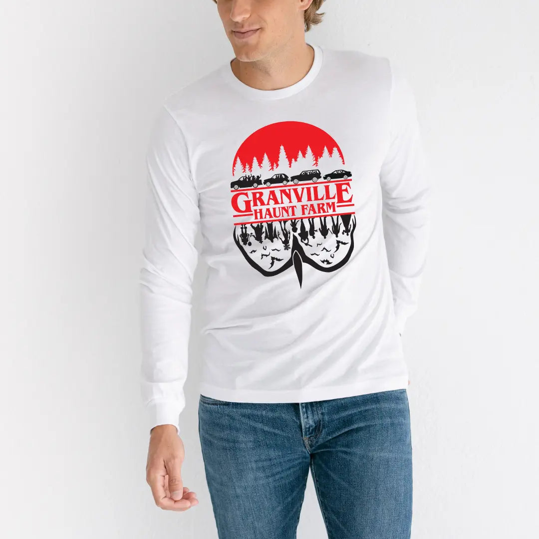 Winks Design Studio LLC Granville Haunt Farm upside-down long sleeve shirt with spooky farm-themed print on black fabric.
