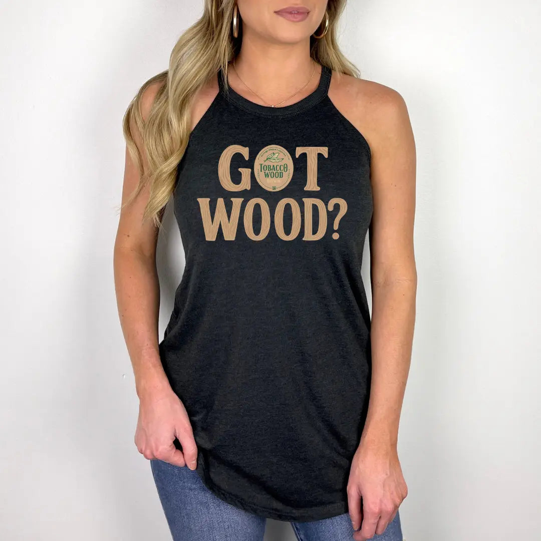 Winks Design Studio Tobacco Wood Brewing Got Wood halter tank top with a rustic wood print, sleeveless design, and adjustable straps.