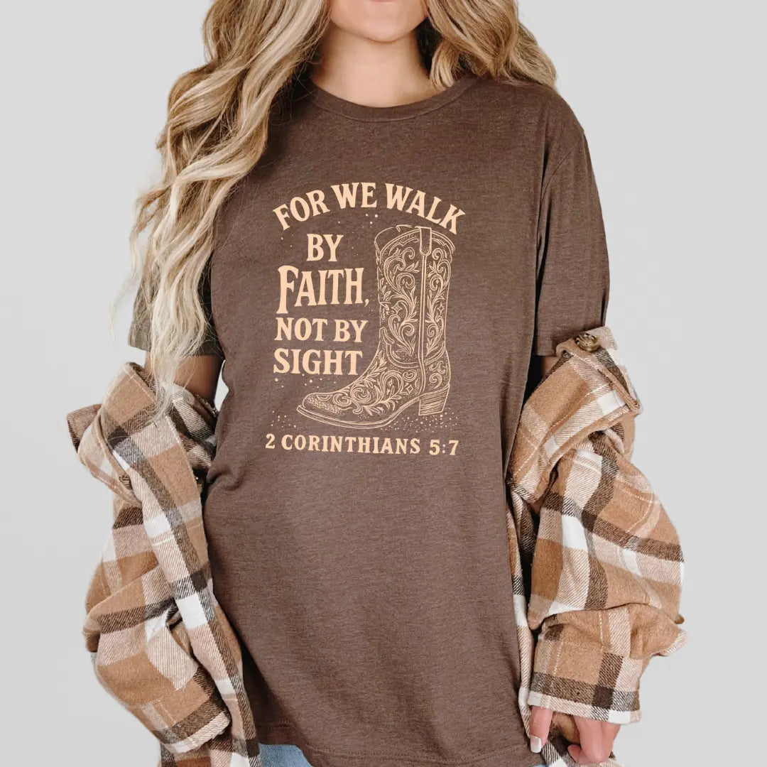 Winks Design Studio Western Boot Graphic T-shirt featuring a "Walk by Faith" design in black and white on soft cotton fabric.
