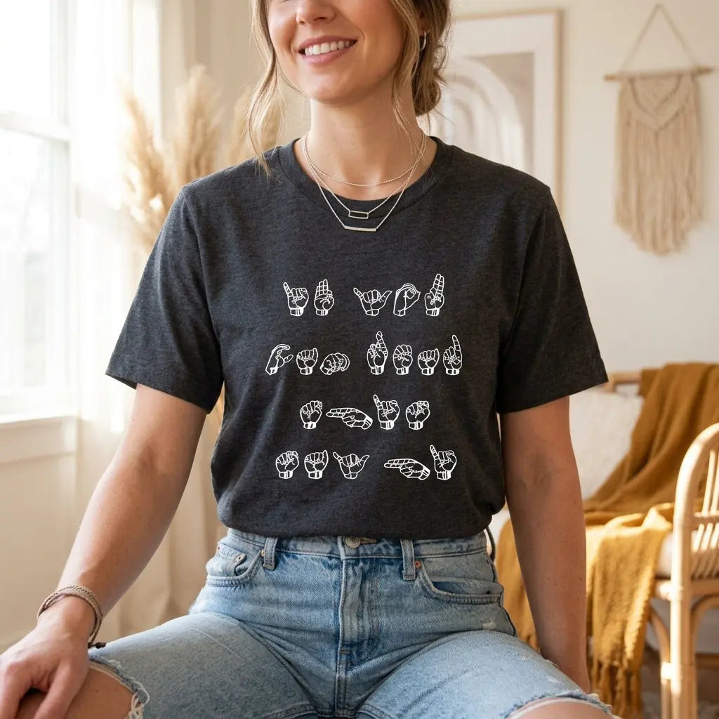 Black ASL T-shirt from Winks Design Studio LLC with white text that reads "If You Can Read This, Say Hi" displayed on the front.