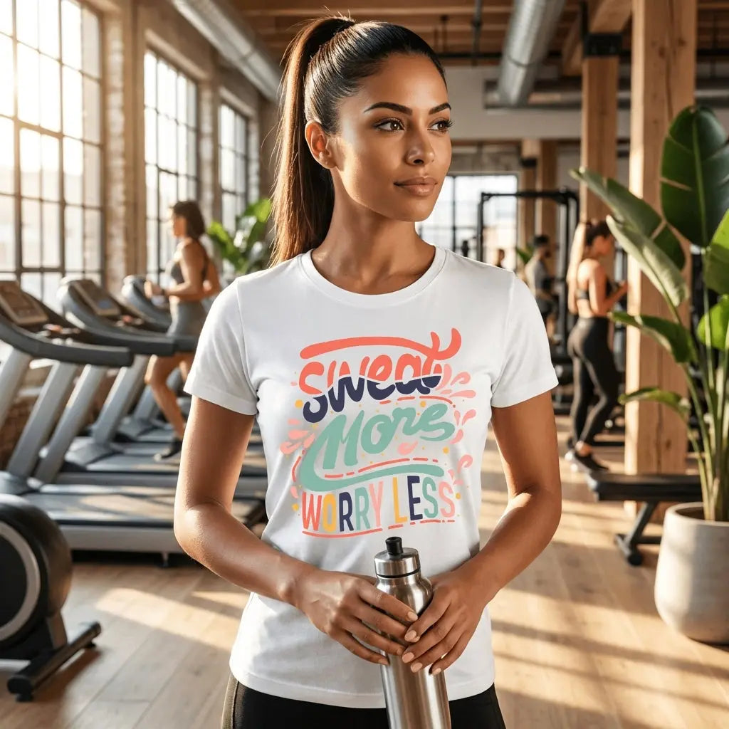 Winks Design Studio, LLC Sweat More Worry Less T-shirt in soft cotton, featuring casual fit and motivational text on the front.