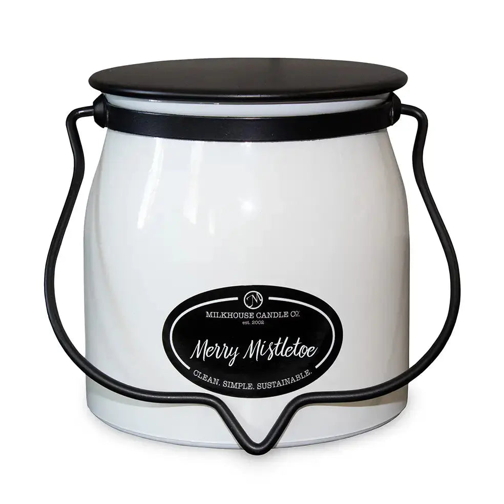 Winks Design Studio Merry Mistletoe 16 oz Butter Jar Candle by Milkhouse Candle, featuring festive holiday design and cozy winter scent