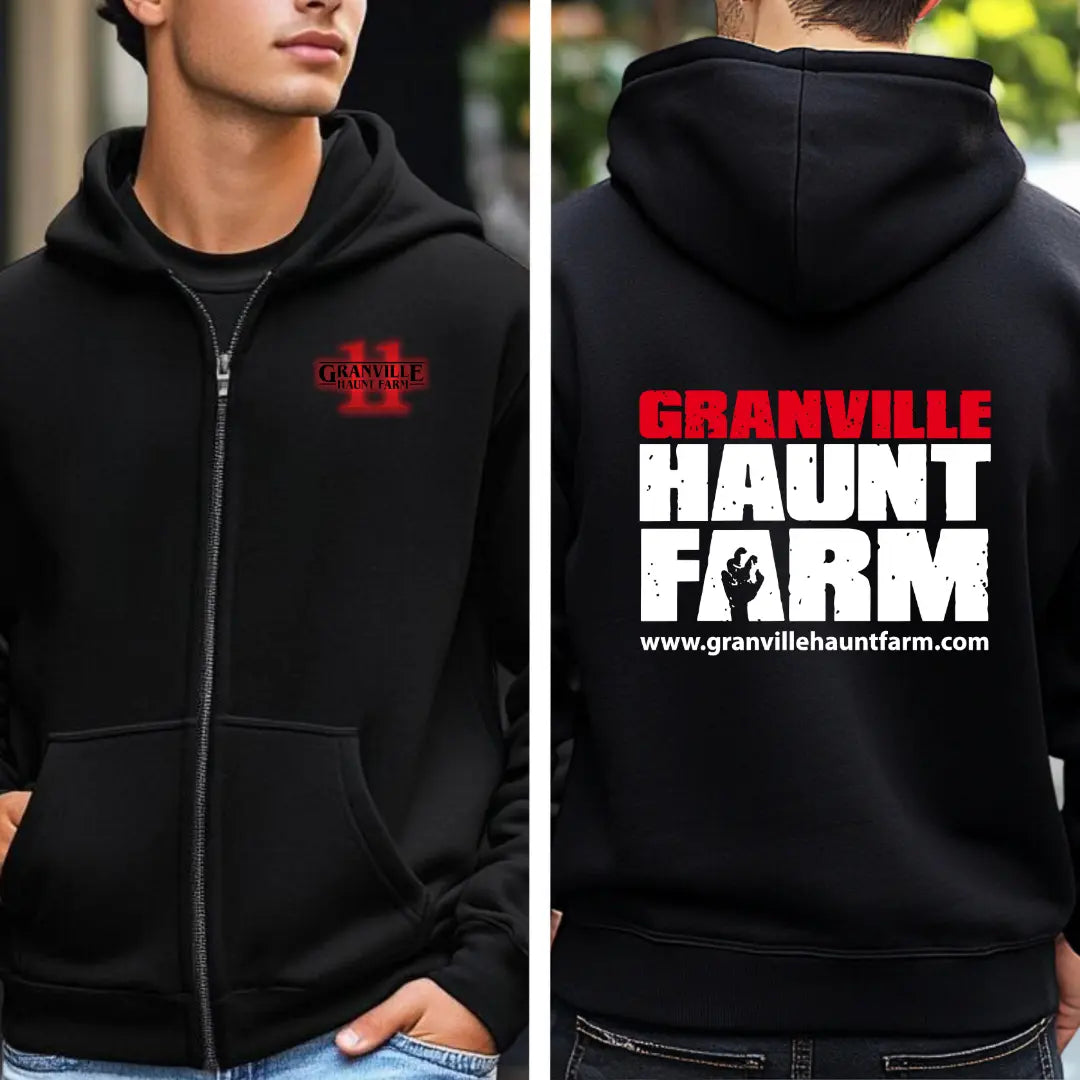 Winks Design Studio LLC Granville Haunt Farm front zip hoodie with graphic print, black fabric, and hood for casual wear.