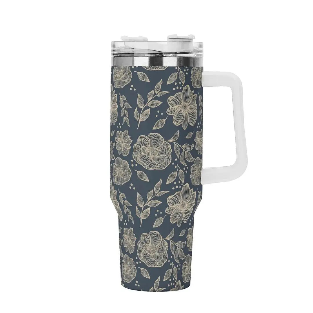 Midnight Garden 40oz stainless steel tumbler with floral design by Winks Design Studio, LLC, showing the tumbler front view.