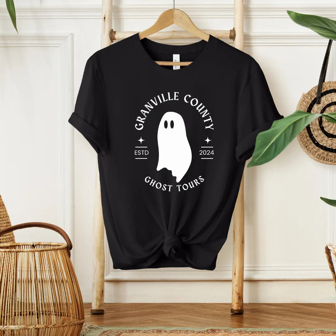 Winks Design Studio, LLC Granville County Ghost Tours T-shirt featuring spooky ghost graphics on a black cotton tee.