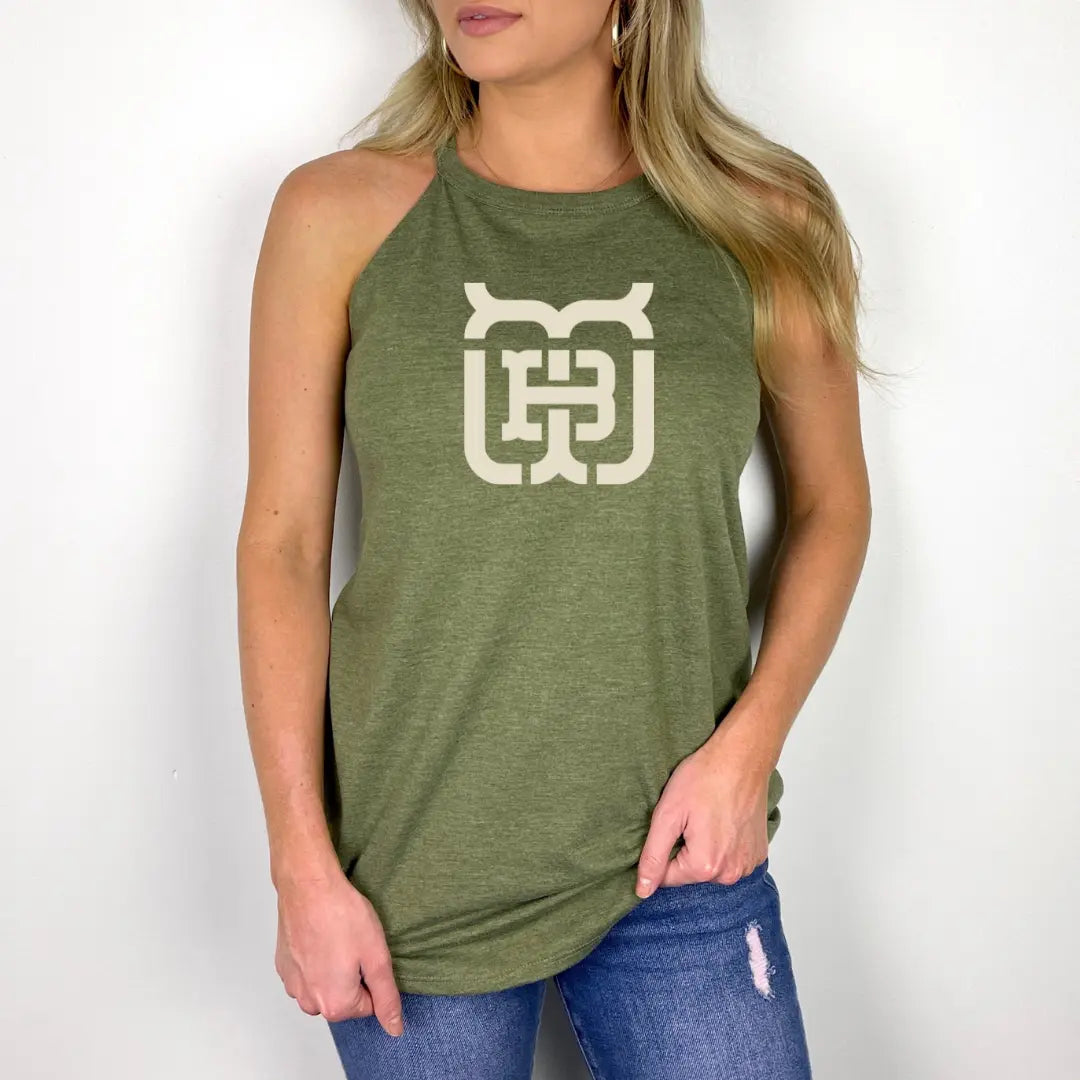 Winks Design Studio Tobacco Wood Brewing halter top, stylish sleeveless tank with tobacco wood print, casual summer fashion.