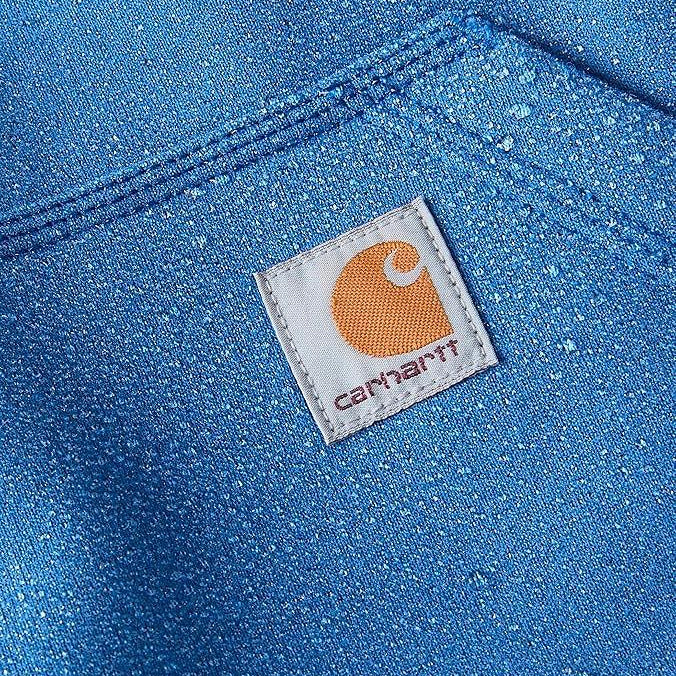 Carhartt logo on a blue denim fabric background