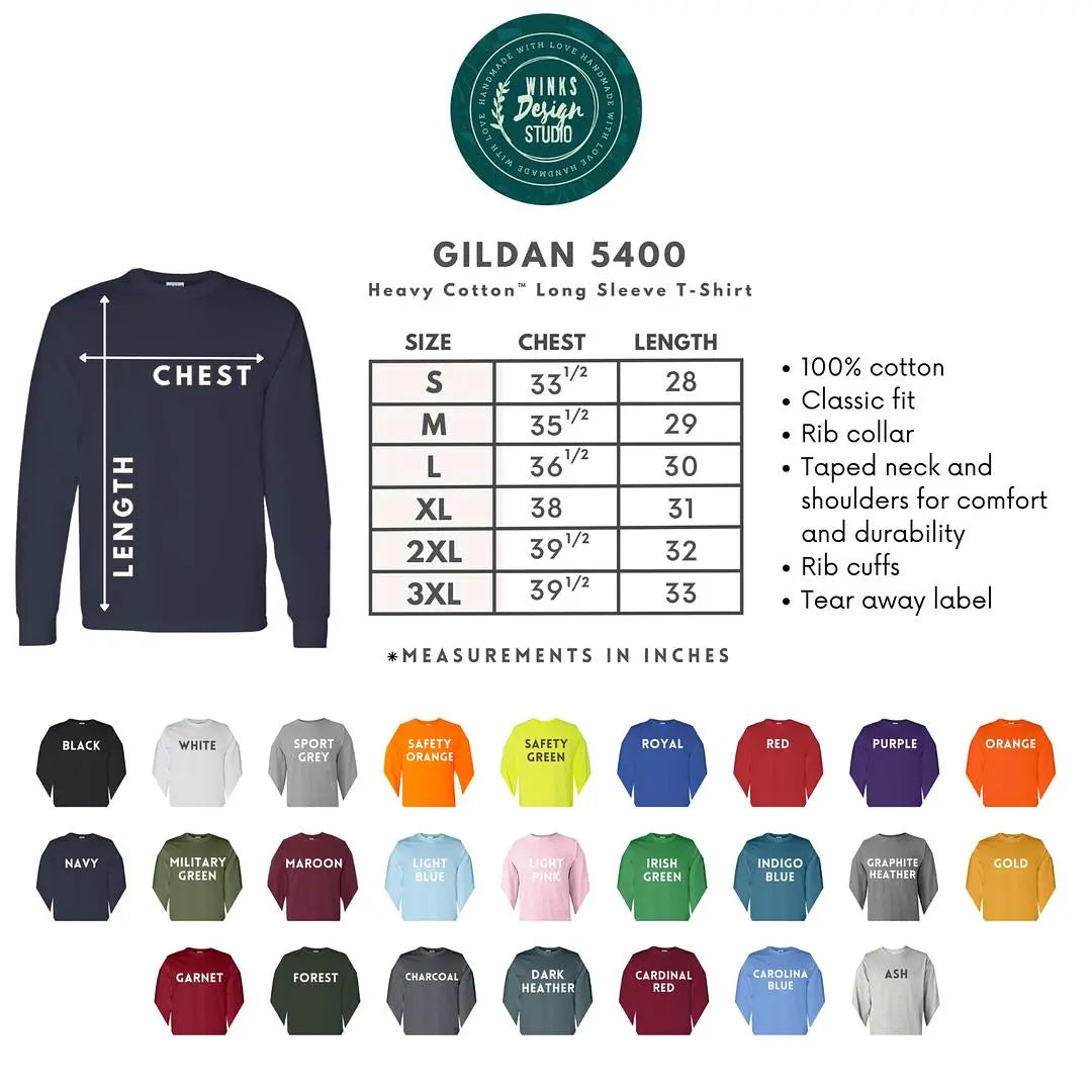 Custom Gildan unisex heavy cotton long-sleeve T-shirt with Winks Design Studio branding, shown in a natural pose.