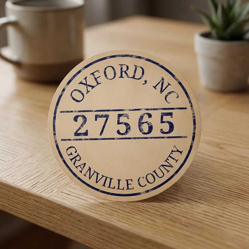 Vintage Oxford NC town seal sticker by Winks Design Studio, LLC, featuring a detailed circular town emblem on a sticker.