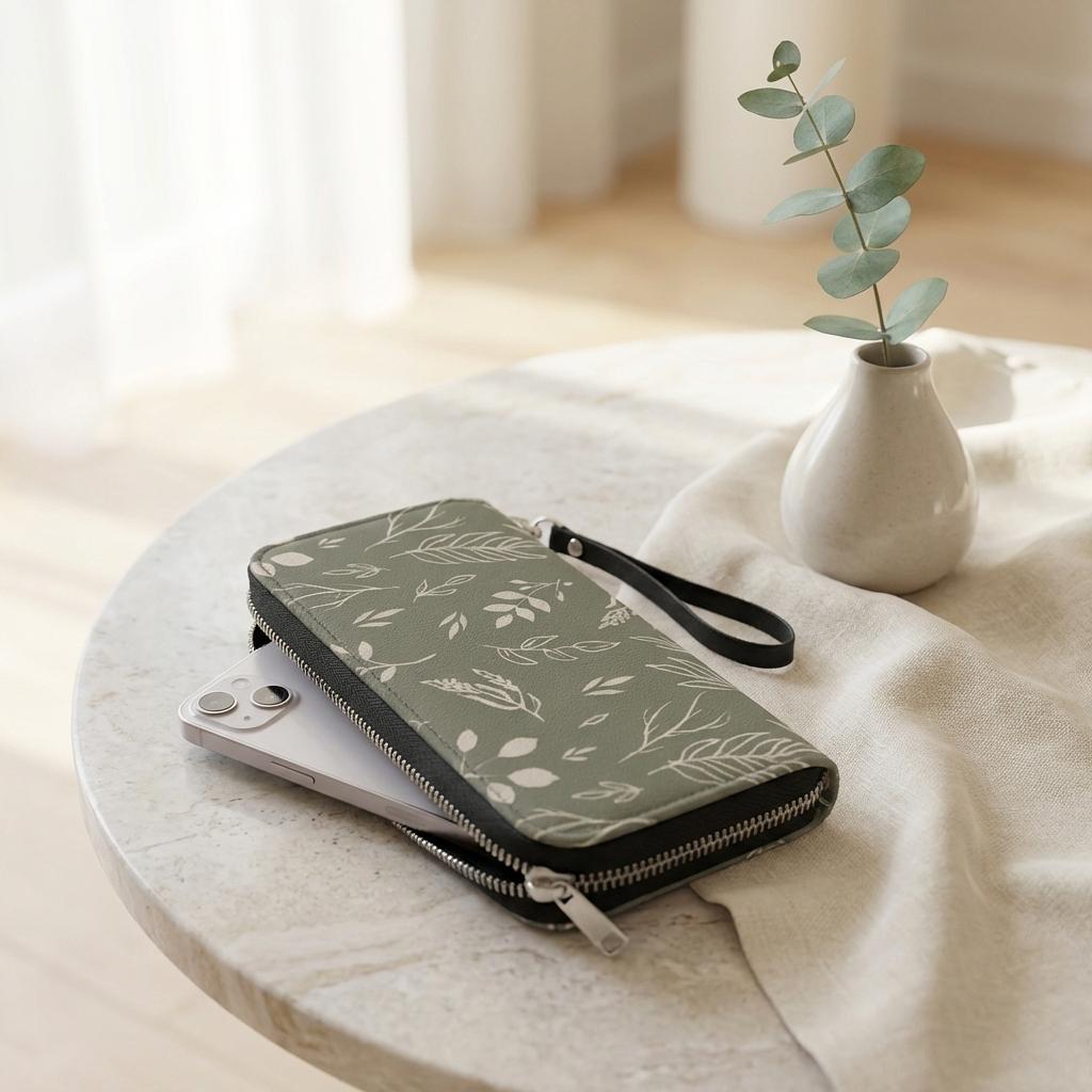 Winks Design Studio leather wallet with sage green and natural tones, featuring multiple card slots and a sleek, slim design.