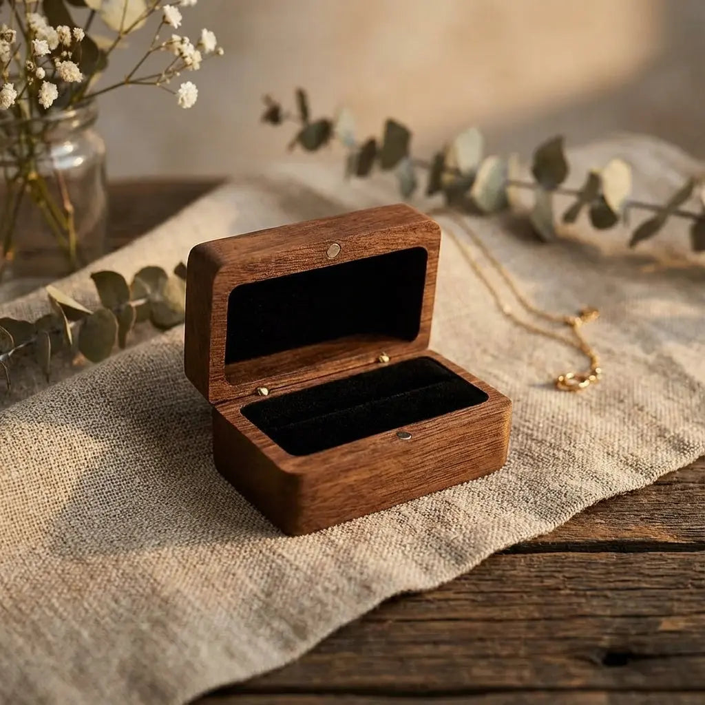Custom engraved wood jewelry box from Winks Design Studio with personalized detailing and a secure lid.