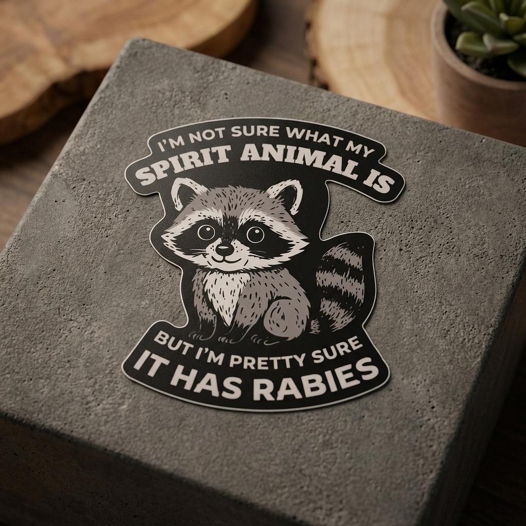 Funny raccoon spirit animal sticker by Winks Design Studio, LLC featuring a playful raccoon illustration on a colorful background.