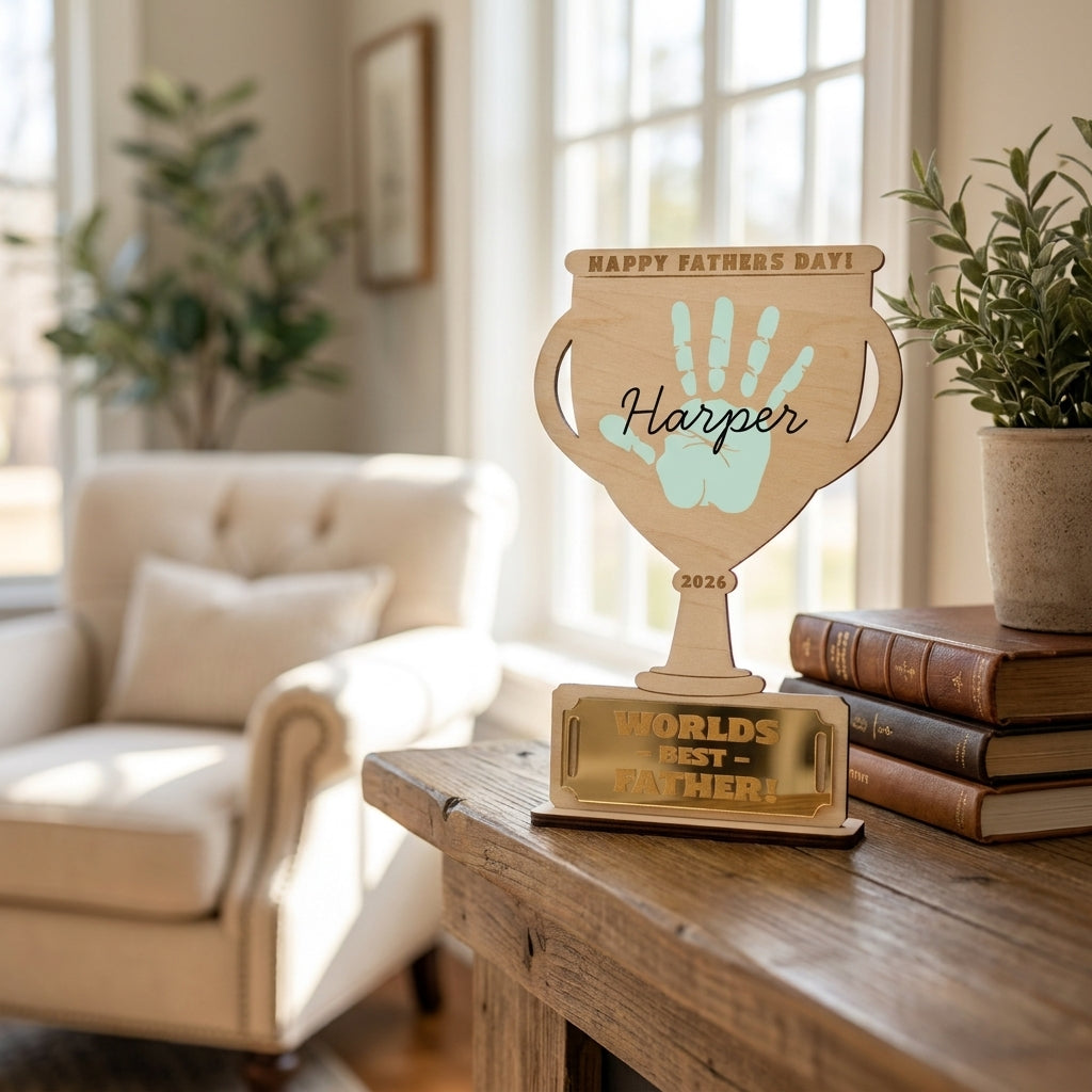 Best Father Trophy from Kid Winks Workshop by Winks Design Studio, LLC, featuring a decorative award with a gold finish and engraved plaque.