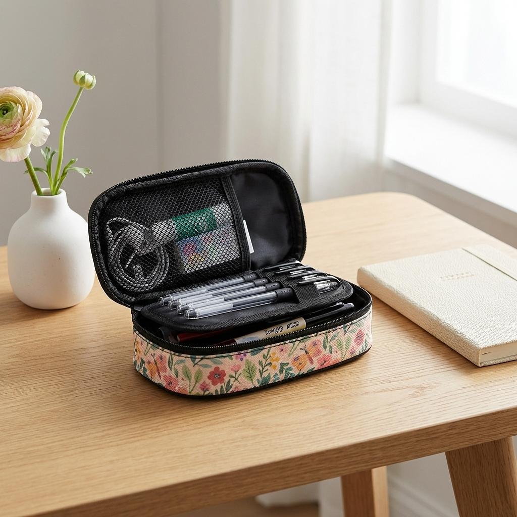 Winks Design Studio Storybook Garden 3-layer pencil case with colorful floral and whimsical garden illustrations, made for storing pens and pencils.