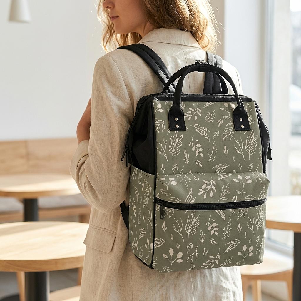 Sage and stem duckbilled backpack by Winks Design Studio, LLC, featuring a structured design with adjustable straps and front pocket.