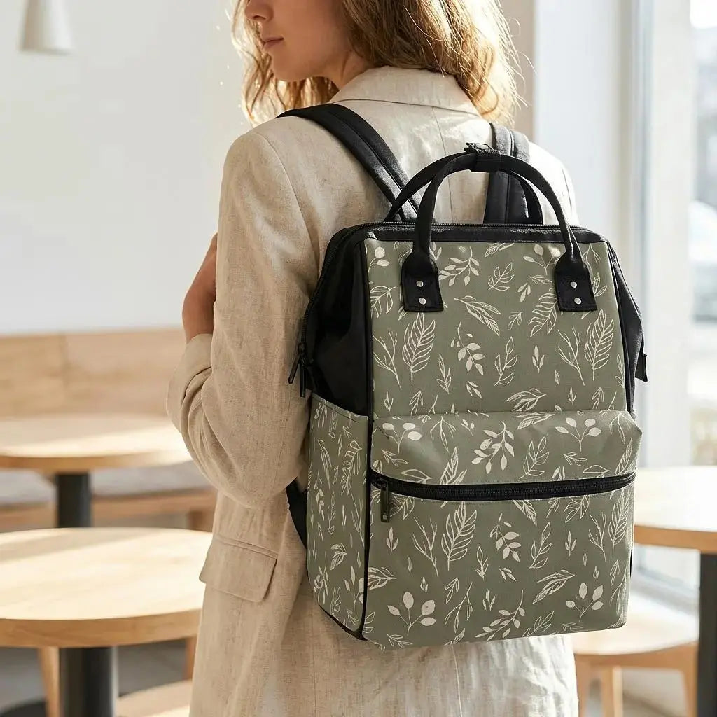 Sage and stem duckbilled backpack by Winks Design Studio, LLC, featuring a structured design with adjustable straps and front pocket.