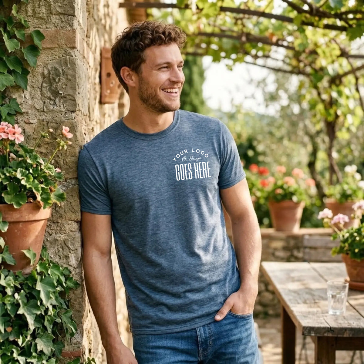 Heather blue custom t-shirt with a white "Your Logo or Design Goes Here" left chest placeholder print