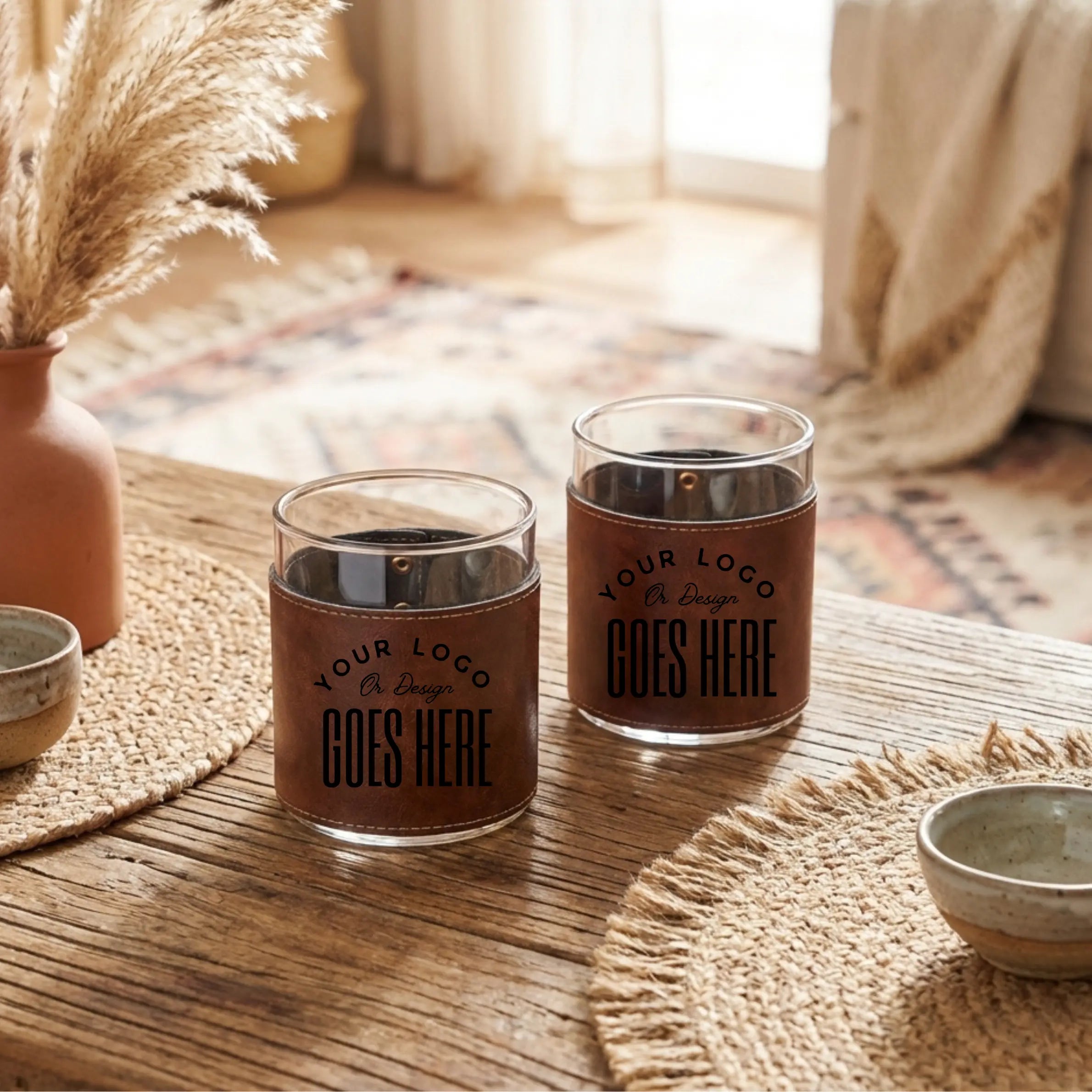 Custom leather rock glasses by Winks Design Studio, LLC featuring stylish leather accents on classic rock glasses for beverages.