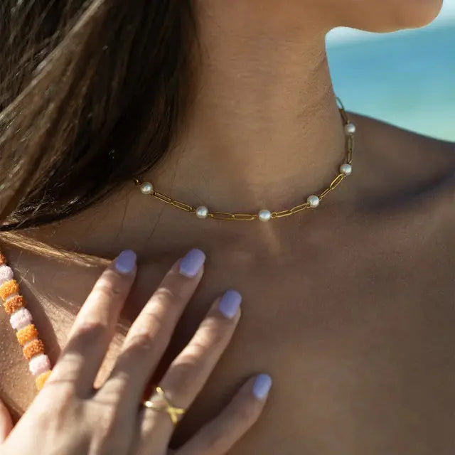 18K gold pearl station paperclip chain necklace by Winks Design Studio, LLC, featuring elegant pearls and modern chain design.