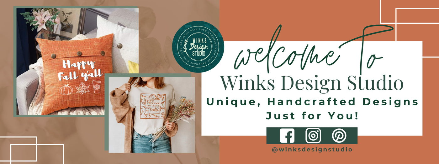 Promotional banner for Winks Design Studio with text and images of a pillow and person wearing a shirt.