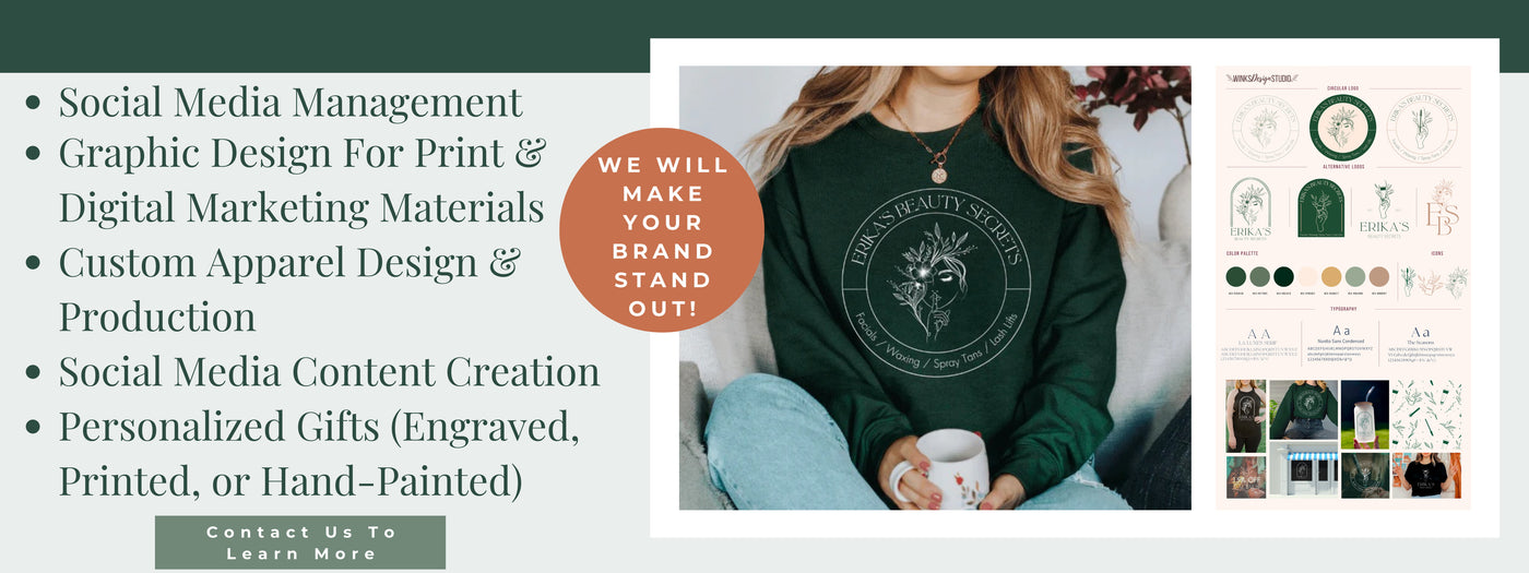 Promotional banner for a brand with text and images of a person wearing a green sweatshirt with a design, holding a mug.