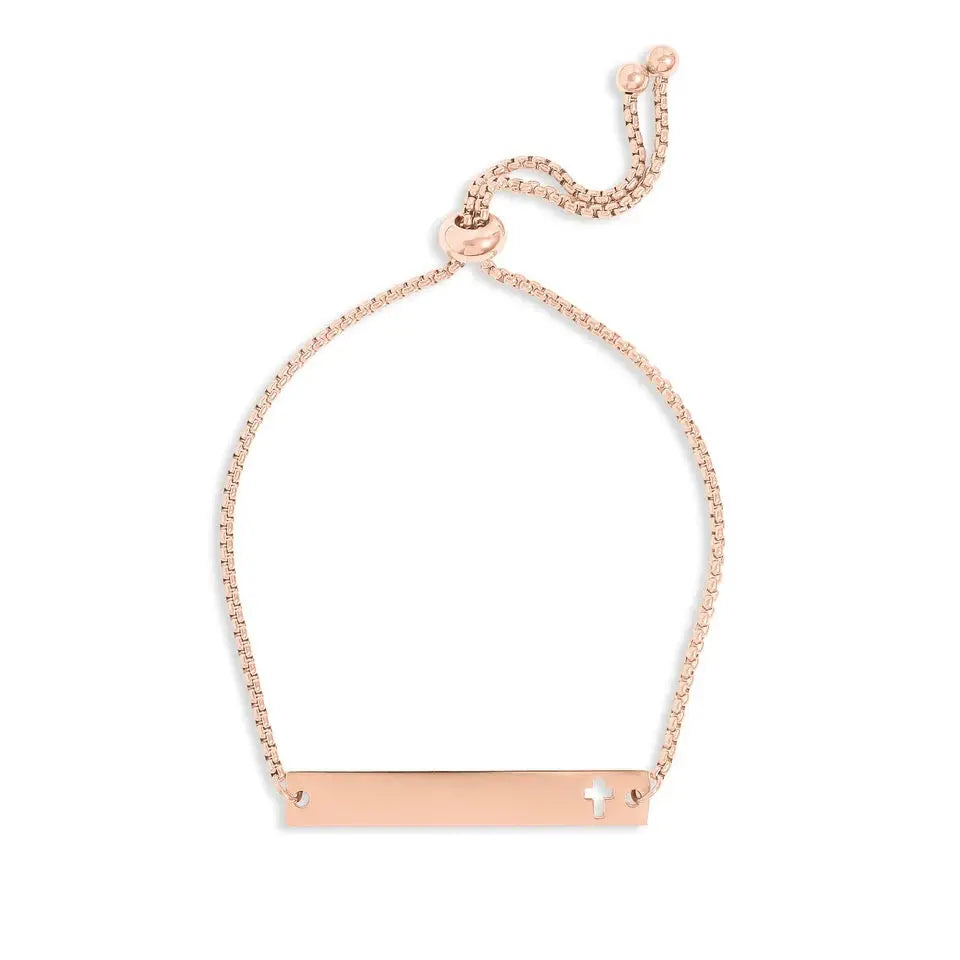 18K gold engravable cross bar bracelet from Winks Design Studio, LLC, featuring a sleek gold bracelet with space for custom engraving.