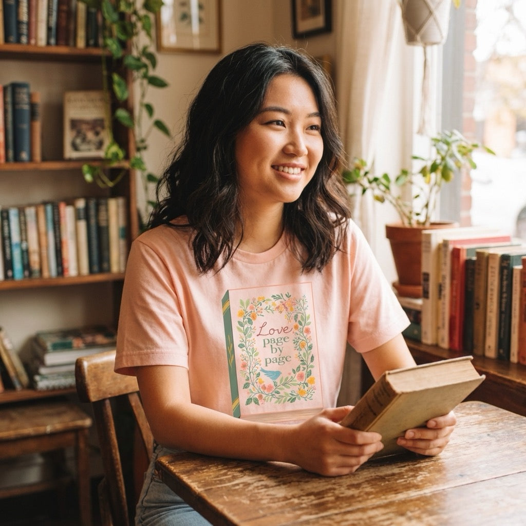 Love, Page by Page T-Shirt | Book Lover Floral Graphic Tee