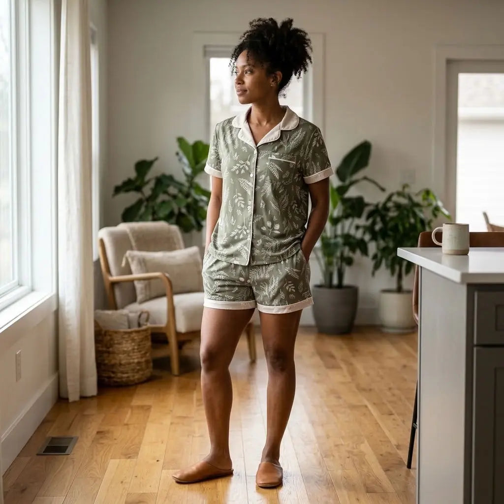 Sage green botanical print short sleeve pajama set with cream piping, shorts, and a button-up top