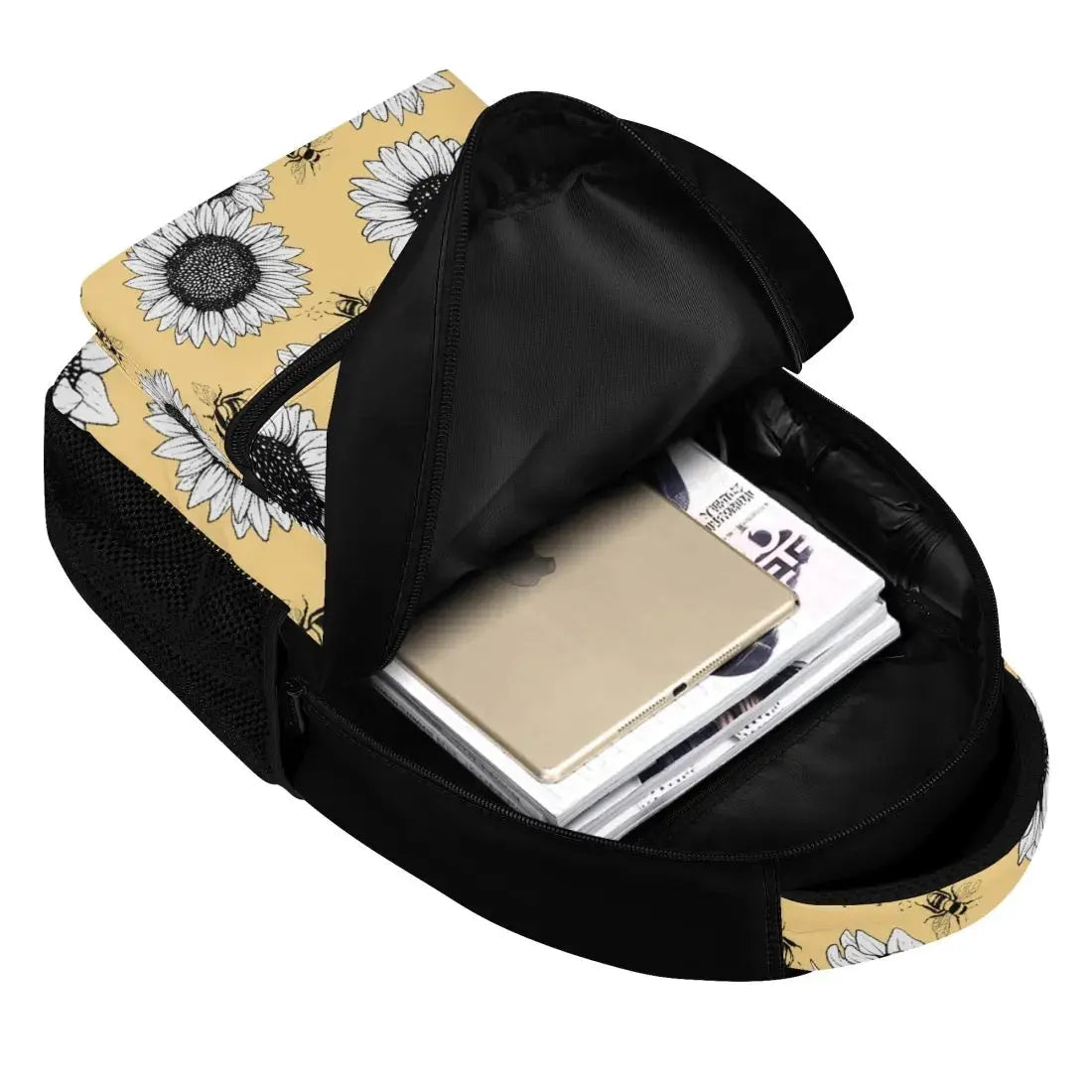 Sunflower backpack by Winks Design Studio, LLC featuring a vibrant sunflower design, adjustable straps, and spacious main compartment.