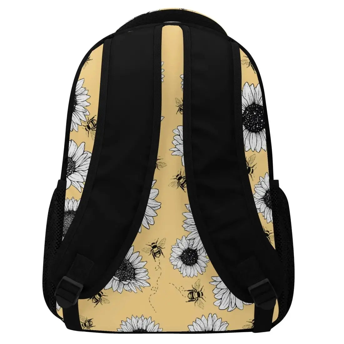 Sunflower backpack by Winks Design Studio, LLC featuring a vibrant sunflower pattern, adjustable straps, and multiple compartments.