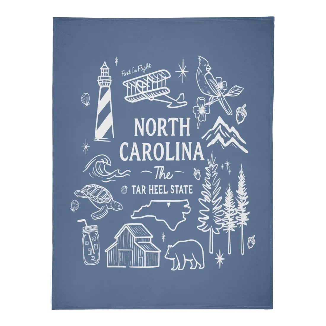 North Carolina "Tar Heel State" Fleece Blanket – Hand-Drawn State Icons - Winks Design Studio,LLC