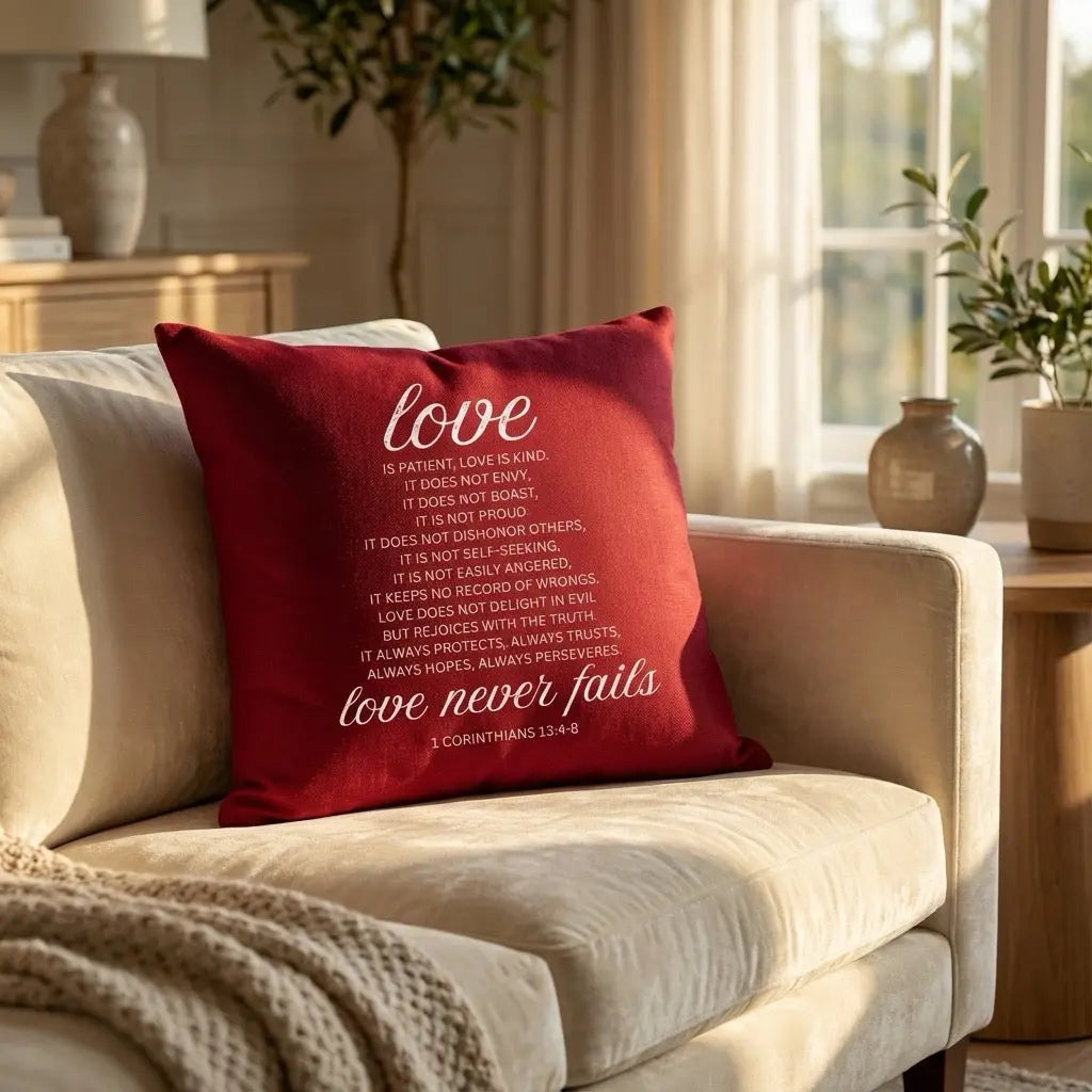 Decorative throw pillow with inspirational Love Never Fails 1 Corinthians 13:4–8 quote from Winks Design Studio, LLC.