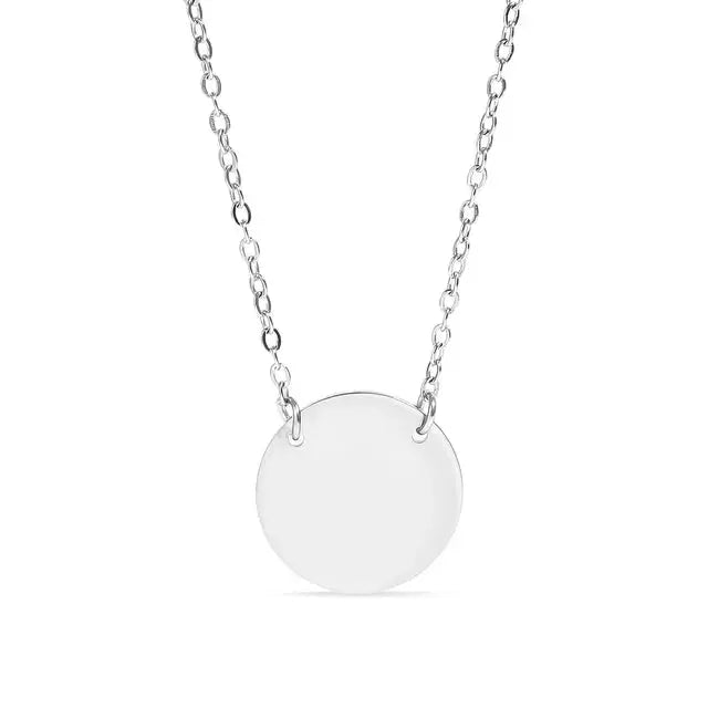Silver 18K gold engraved circle necklace by Winks Design Studio, LLC featuring personalized stainless steel pendant on a delicate chain.