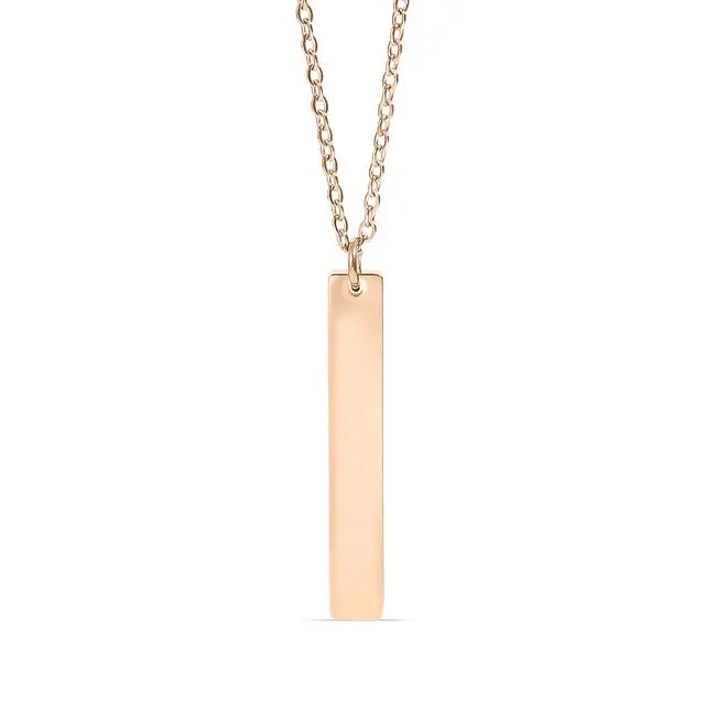 18K gold engraved vertical bar necklace with personalized stainless steel, featuring a sleek and elegant design.