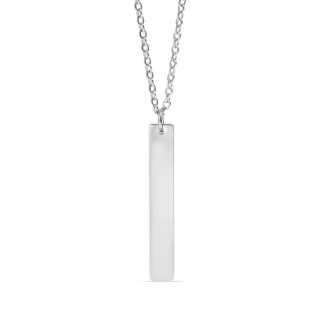 Vertical bar necklace with engraved 18K gold finish, personalized stainless steel, featuring sleek design and modern jewelry style.