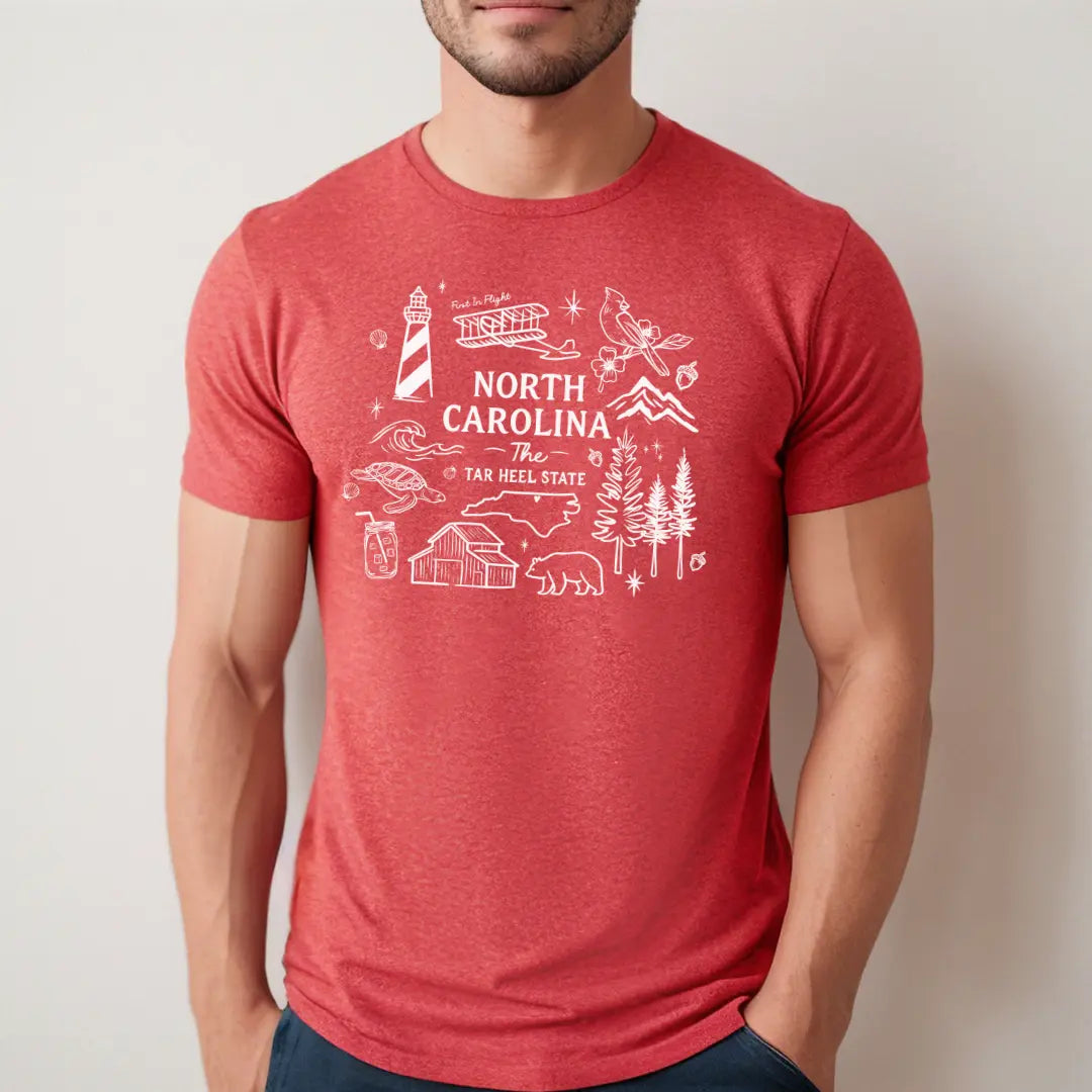 North Carolina State graphic T-shirt by Winks Design Studio, LLC, featuring a colorful state map design on a casual cotton T-shirt.