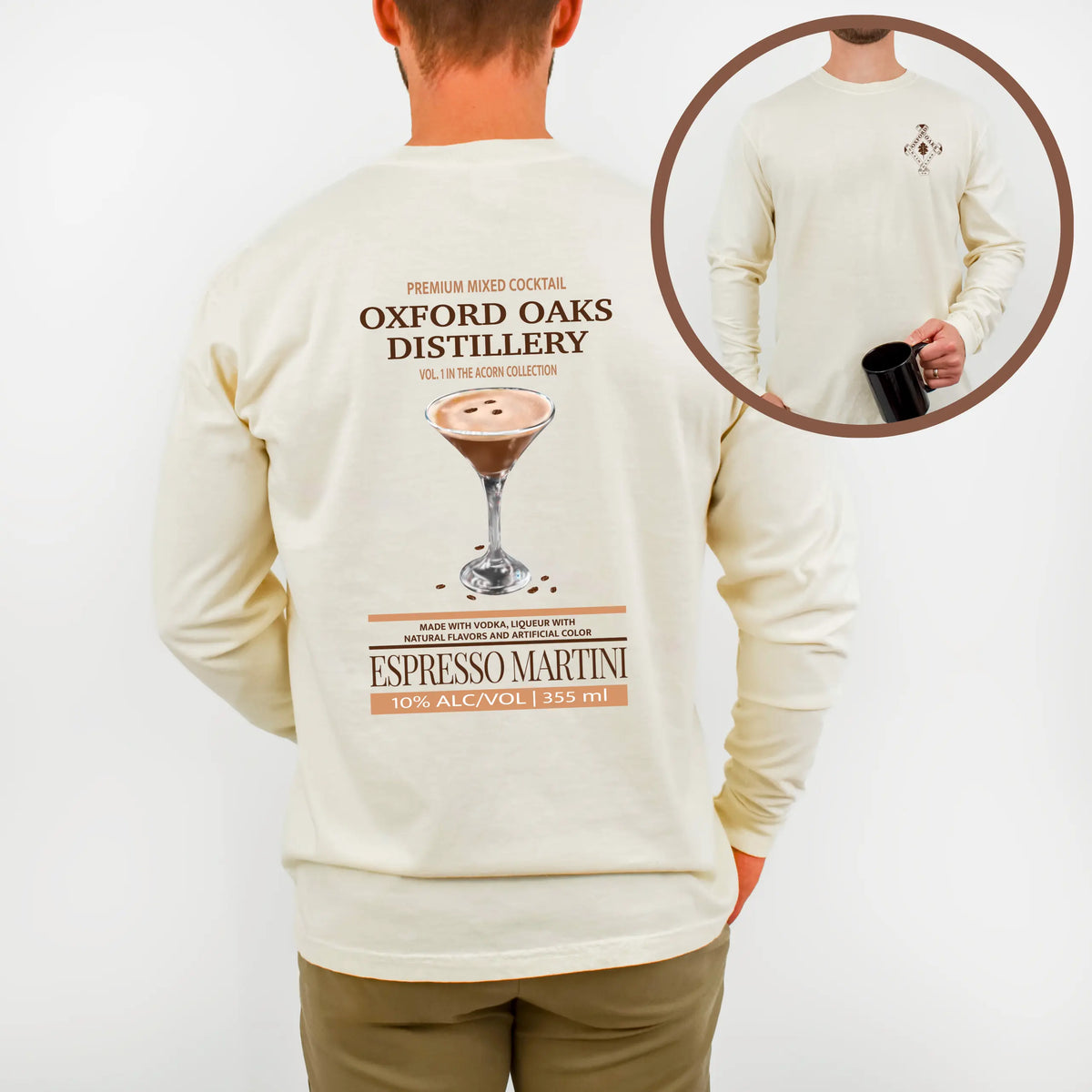 Winks Design Studio, LLC Oxford Oaks Distillery Espresso Martini long sleeve shirt with a stylish print, casual and comfortable fit.