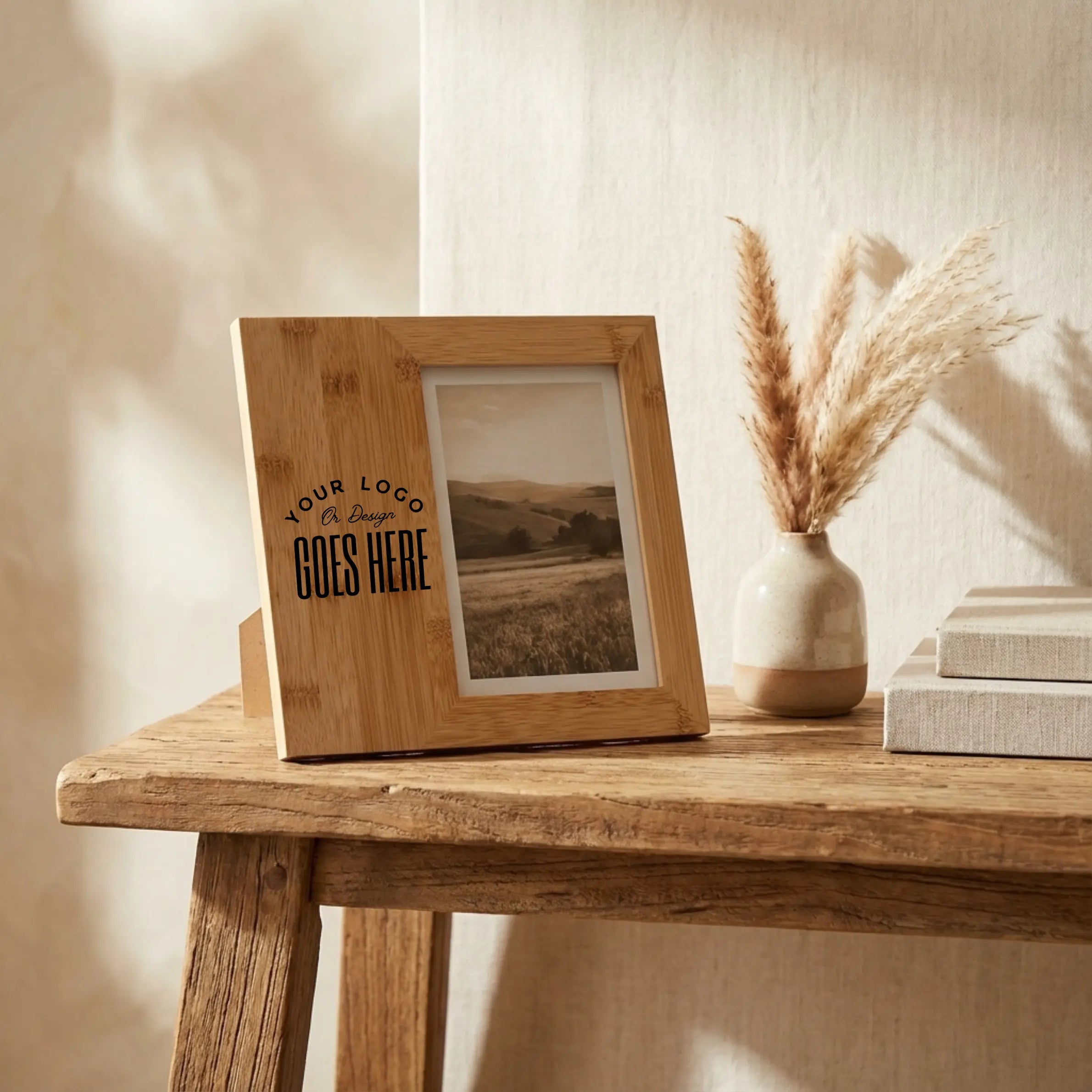 Custom engraved bamboo picture frame holding a 5x7 photo, featuring personalized design from Winks Design Studio, LLC.