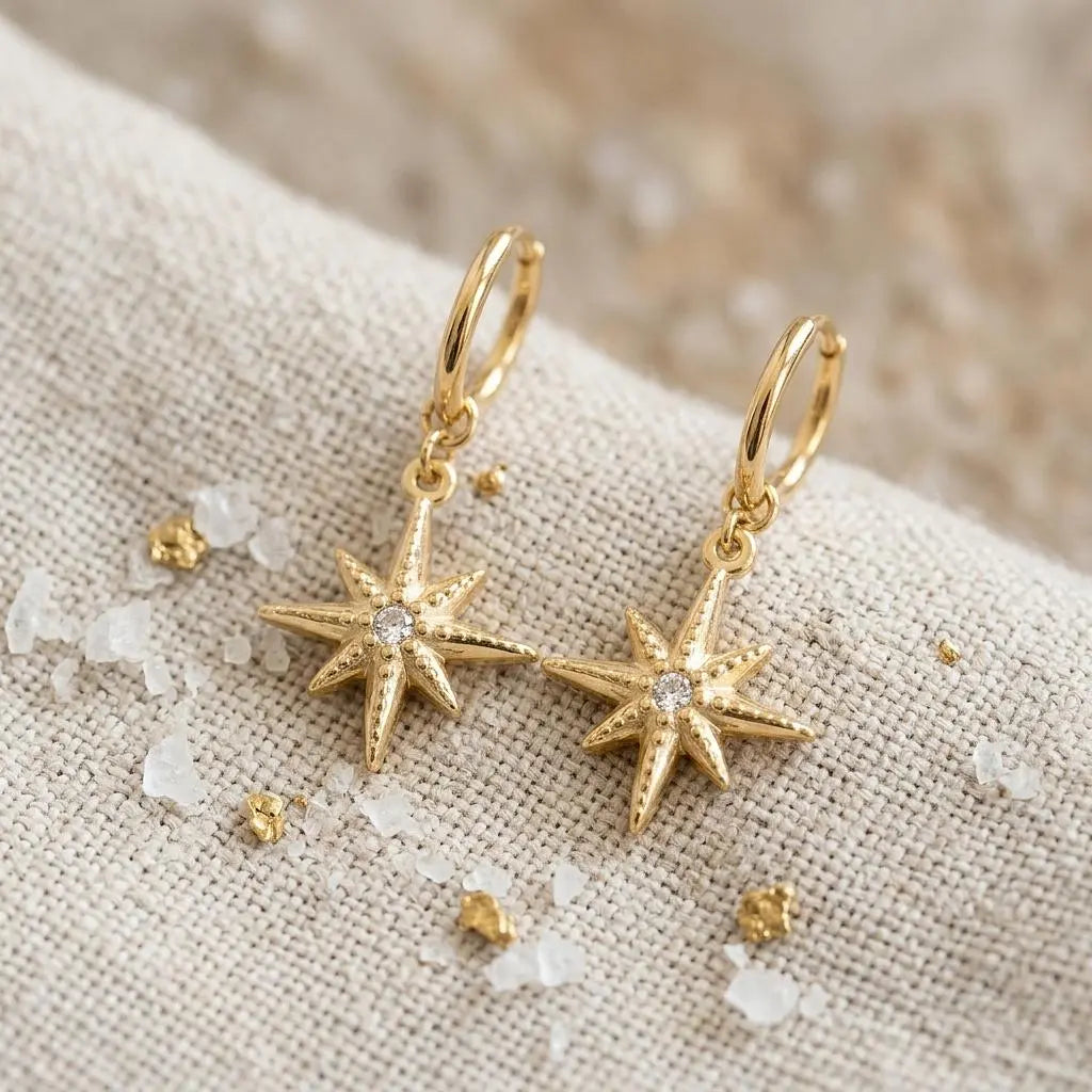 18K gold compass huggie earrings with CZ charm hoops by Winks Design Studio, LLC, featuring small detailed compass designs.