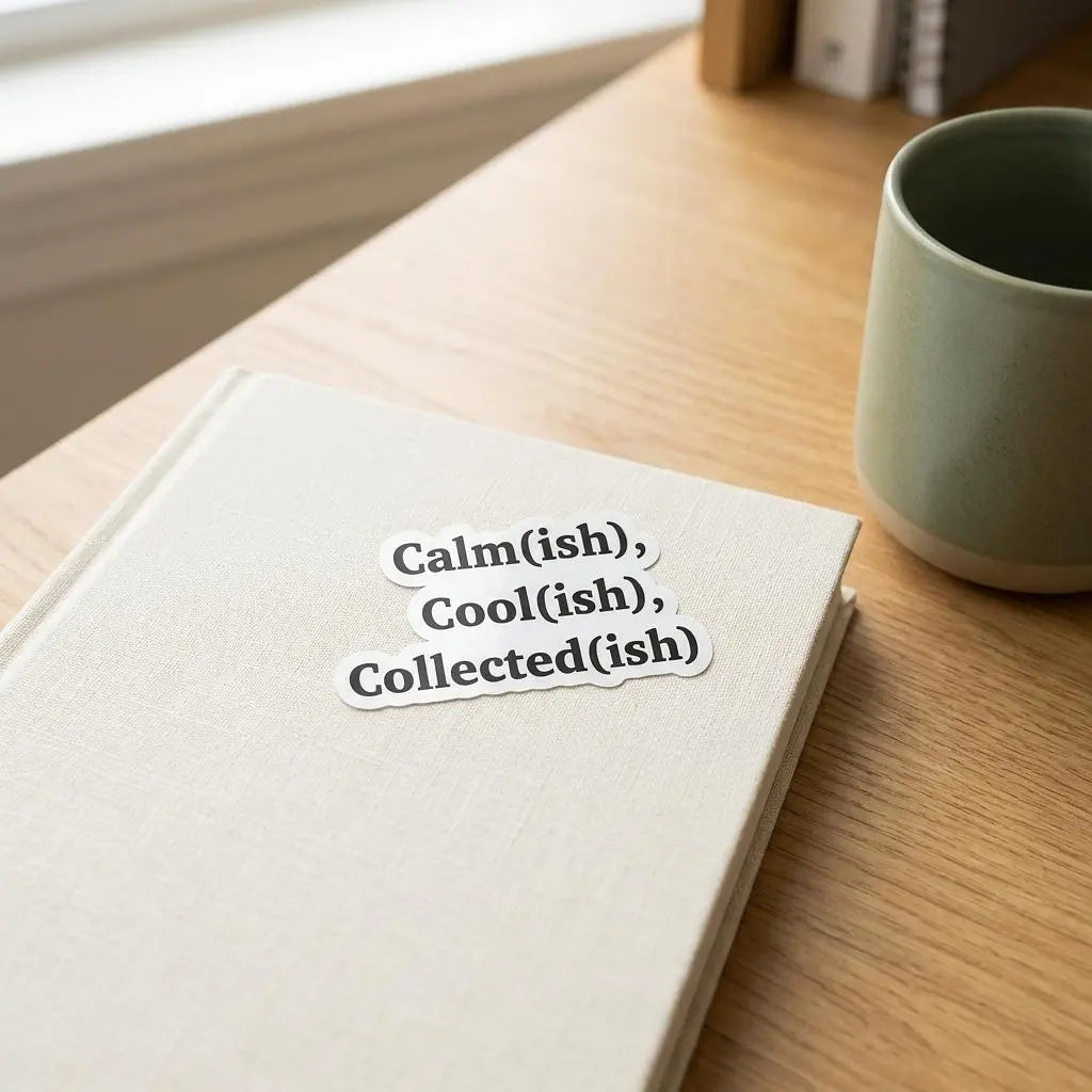 Calm(ish) Cool(ish) Collected(ish) sticker by Winks Design Studio, LLC featuring playful, colorful lettering on a white background.