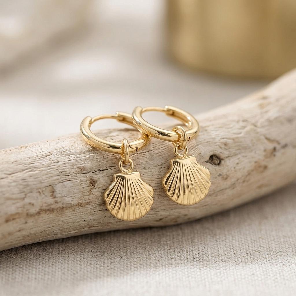 18K Gold Shell Pendant Huggie Earrings - Winks Design Studio,LLC