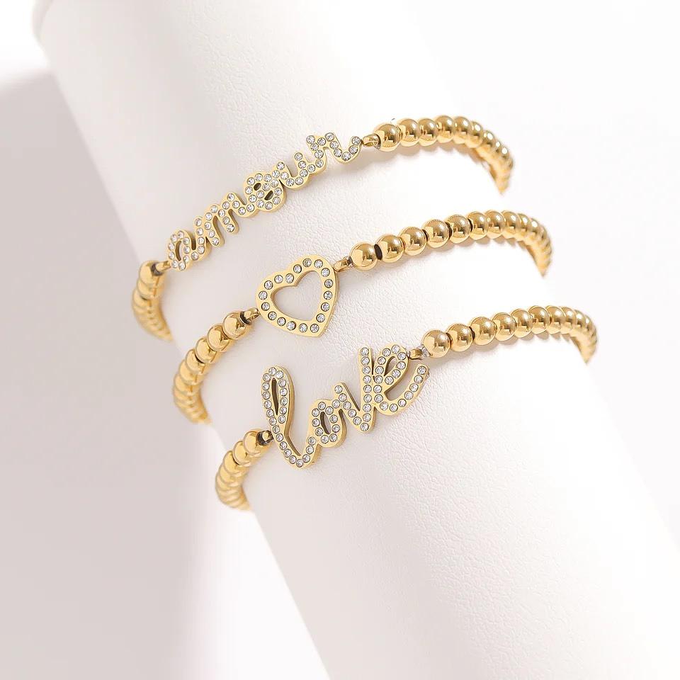 Love Beaded Stretch Bracelet - 18K Gold Stainless Steel
