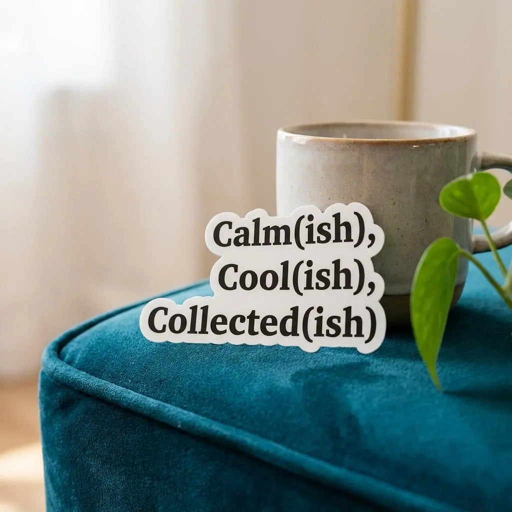 Calm(ish) Cool(ish) Collected(ish) sticker by Winks Design Studio, LLC featuring playful, colorful lettering on a white background.