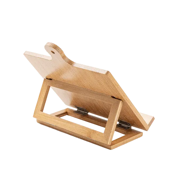 Custom engraved bamboo cookbook stand by Winks Design Studio, LLC, featuring a smooth bamboo surface and sturdy book support.