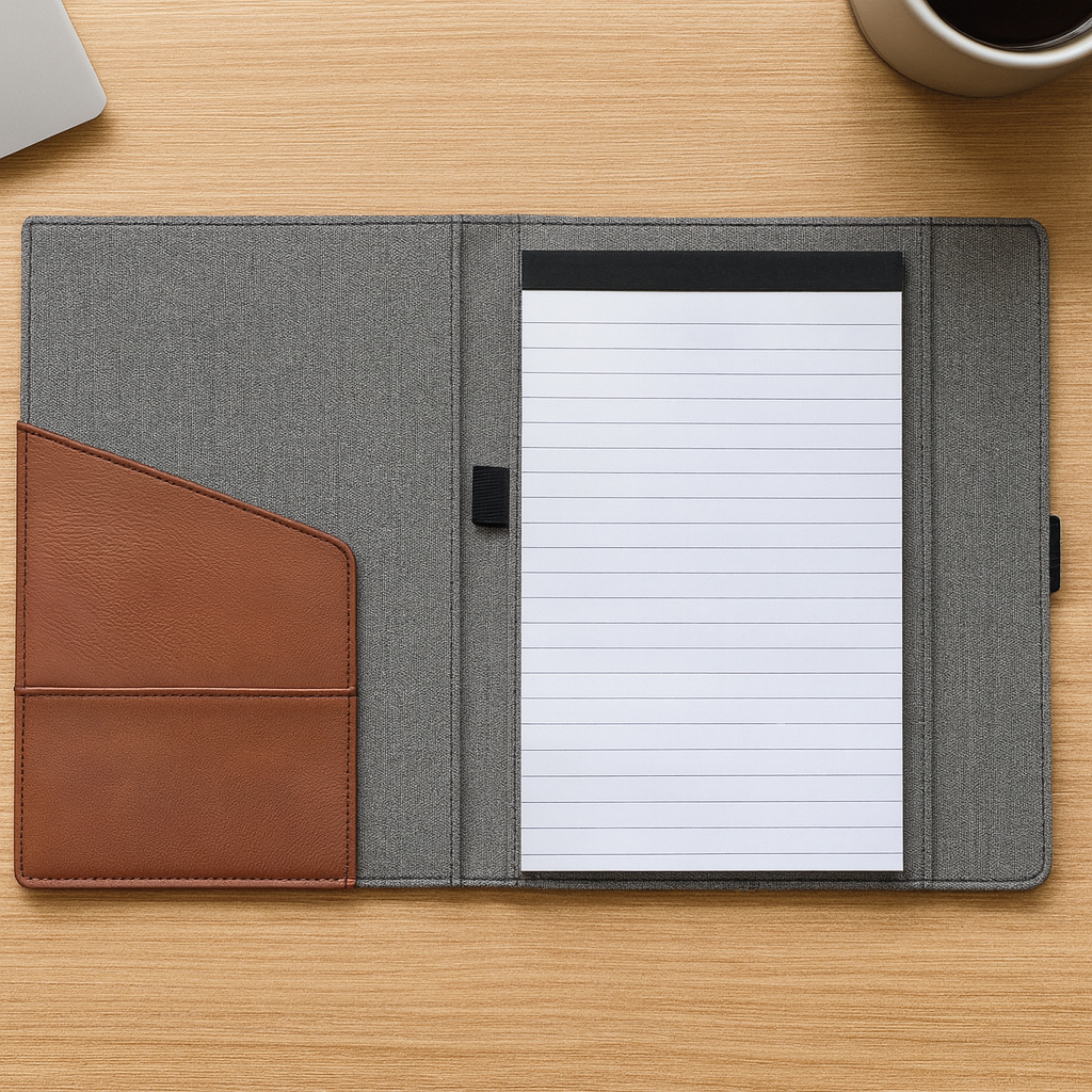 Gray and brown folio with a notepad on a wooden surface