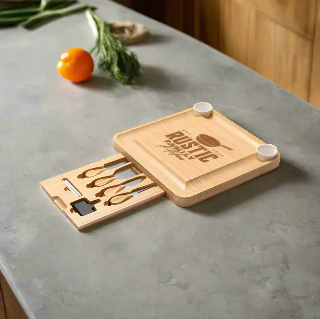 Square engraved bamboo cheese board with utensils from Winks Design Studio, LLC, featuring a natural wood finish and elegant design.
