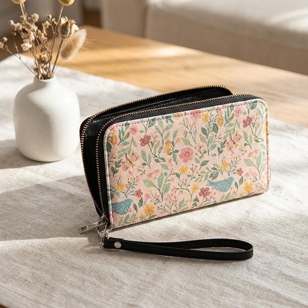 Winks Design Studio Storybook Garden leather wallet with floral design, compact wallet with multiple card slots and a snap closure.