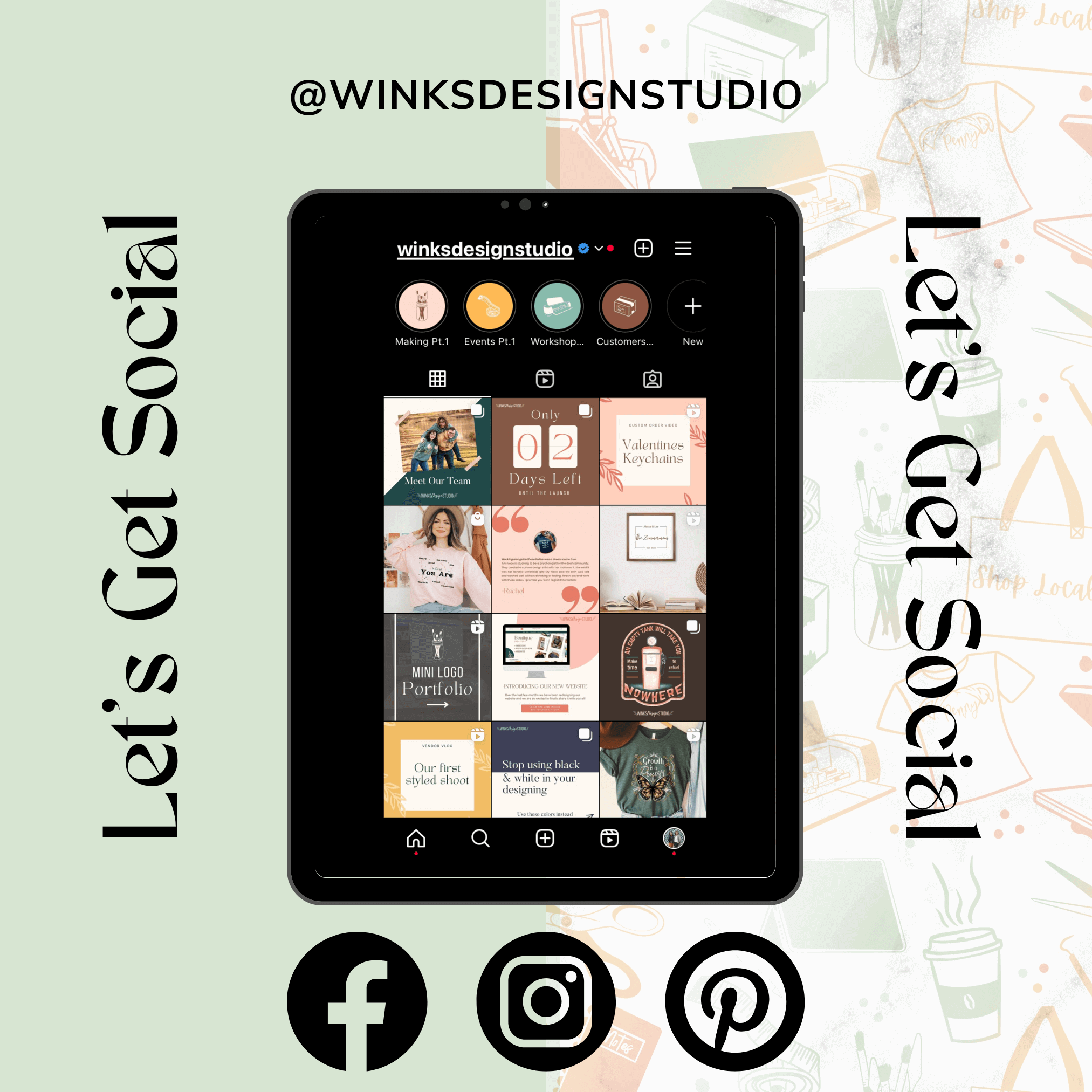 The image is a promotional graphic for a design studio called WINKDESIGNSTUDIO, featuring a tablet displaying a social media interface with various social media icons and a message encouraging social engagement.