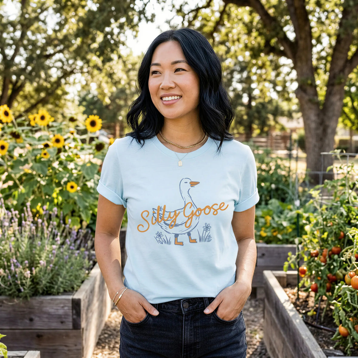 Winks Design Studio Silly Goose graphic T-shirt showing a playful goose illustration on a casual shirt.
