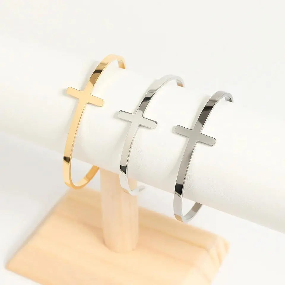 Philippians 4:13 Cross Cuff 18K Gold Bracelet by Winks Design Studio, LLC, featuring a engraved cross and scripture detail.